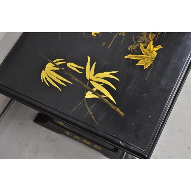 Brown Vintage Chinoiserie Oriental Black Lacquer Gold Gilt Trestle Bench Coffee Table For Sale - Image 8 of 12