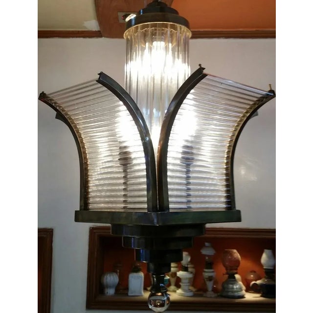 Vintage Art Deco Skyscraper Rod Ship Chandelier Fixture in Brass & Glass For Sale - Image 6 of 7