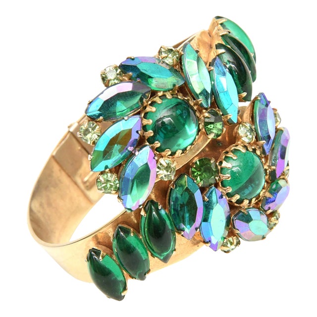 Mid-Century Modern Alice Caviness Auroro Borealis Crystals and Gold Tone Clamp Bracelet 50's Turquoise, Green, For Sale