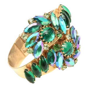 Mid-Century Modern Alice Caviness Auroro Borealis Crystals and Gold Tone Clamp Bracelet 50's Turquoise, Green,