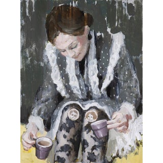 Coffee for Two by Nadezda | Oil on panel Woman seated with cups, featuring portraits on her dress. For Sale