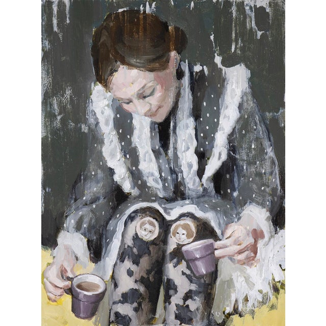 Coffee for Two by Nadezda | Oil on panel Woman seated with cups, featuring portraits on her dress. For Sale