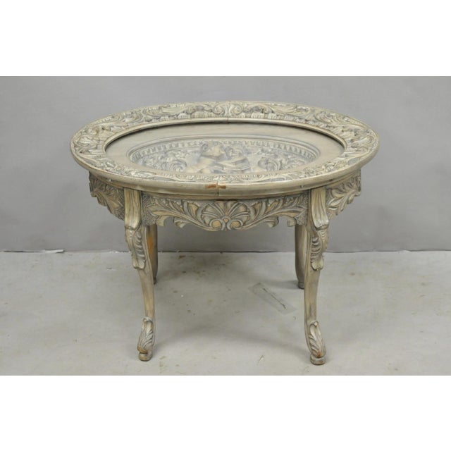 Vintage French Renaissance Walnut Gray Distress Painted Cherub Coffee Table For Sale - Image 12 of 18