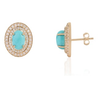 3.97Carat Turquoise & Diamond Double Halo Statement Earrings in 14k Gold- A Pair For Sale
