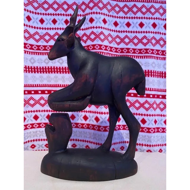 Figurative Gazelle Jumping Over Rock Hand Carved Sculpture- Early 20th Century For Sale - Image 3 of 13