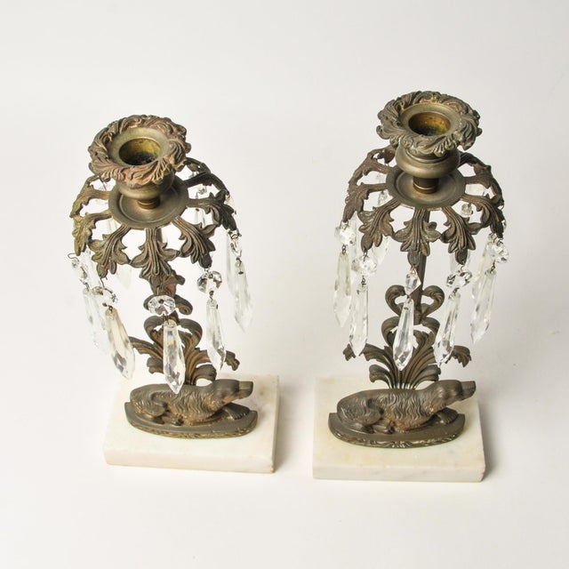 Antique Brass Spaniel Dog Candle Holders With Marble Base and Crystals For Sale - Image 9 of 16
