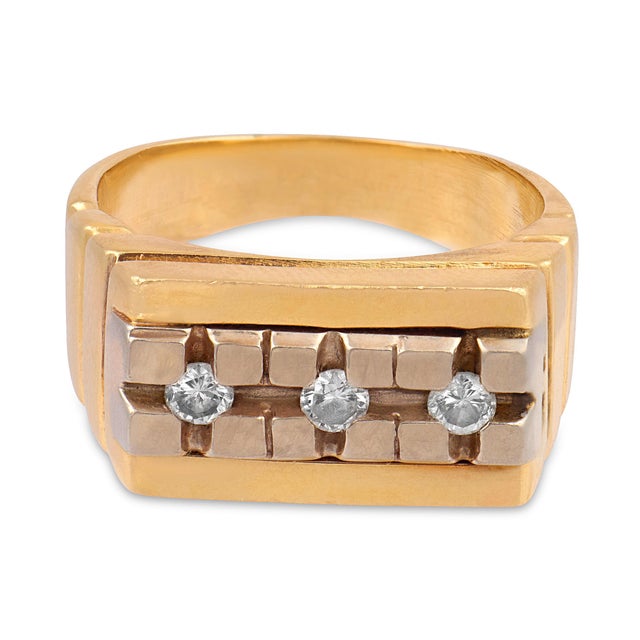Contemporary Vintage Diamond 14k Gold Two Tone Tank Ring, Size 7 For Sale - Image 3 of 7