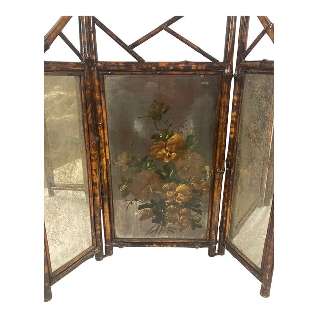 Antique Victorian Aesthetic Movement Bamboo Folding Fire Screen | Hand-Painted For Sale