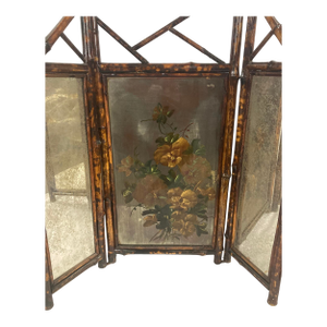 Antique Victorian Aesthetic Movement Bamboo Folding Fire Screen | Hand-Painted