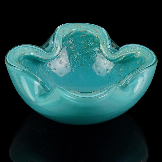 Mid-Century Modern Vintage Murano Alfredo Barbini Teal Blue Green Gold Fleck Bubbles Italian Art Glass Ashtray Bowl For Sale - Image 3 of 6
