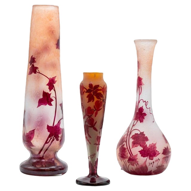 Large Acid Etched Enameled Glass Vases by Legras and Gallé, 1920, Set of 3 For Sale