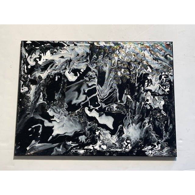 Black and white abstract modern painting acrylic on unstretched canvas , signed Connie.