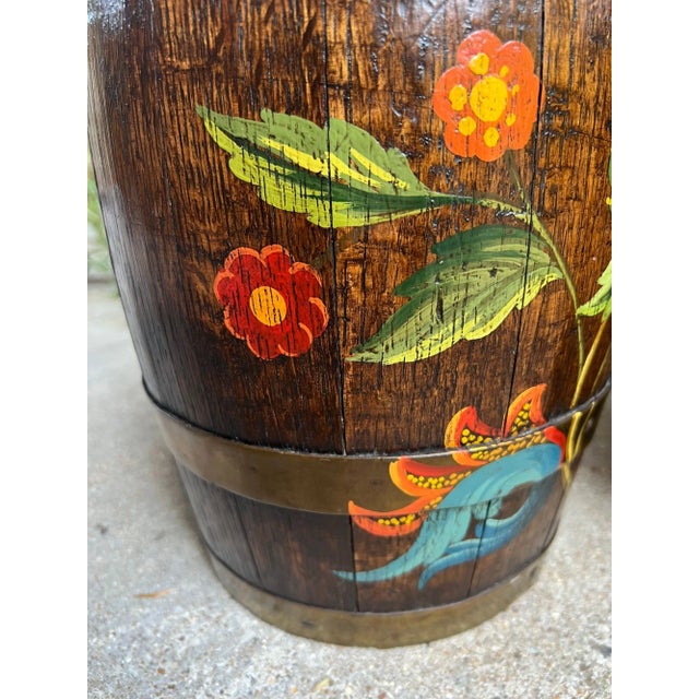 Pair Set Antique English Oak Barrel Jardinière Planter Rosemaling Hand Painted For Sale - Image 17 of 18