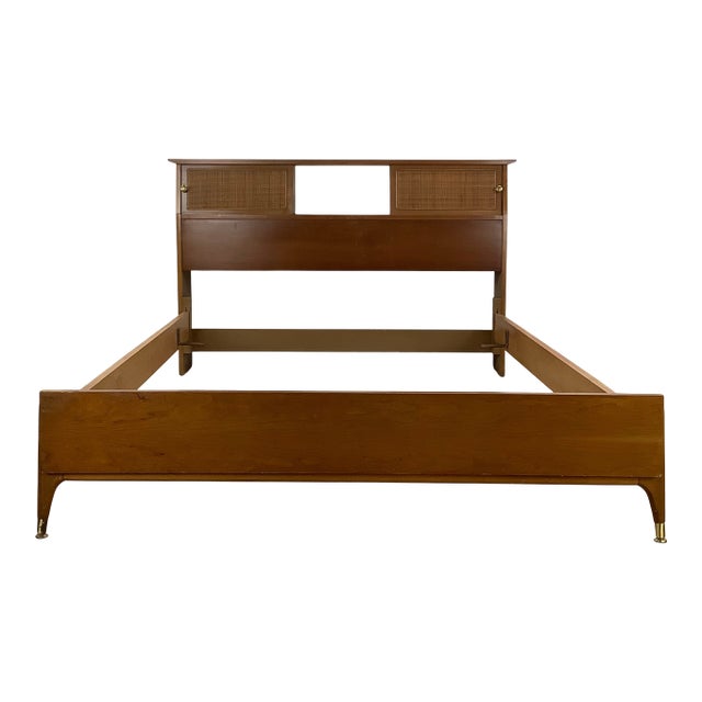 Mid-Century Bed Frame With Storage Headboard- Full For Sale