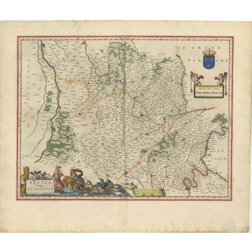 Antique Blue Map of Beauce & Perche, France, 1642 For Sale