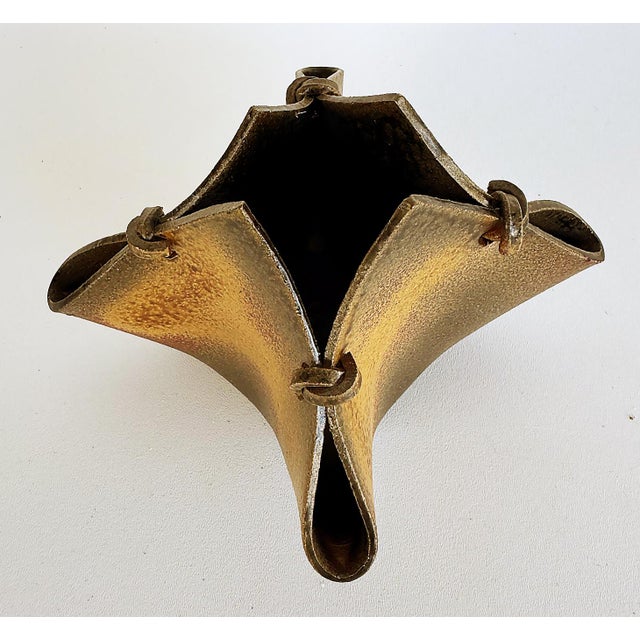 Sculpture Materials Vintage Studio Pottery Faux Leather Folded Vessel With Ties For Sale - Image 7 of 8