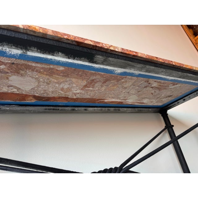 1980’s Vintage Brutalist Metal Console Table With Breccia Pernice Marble Top For Sale - Image 10 of 12