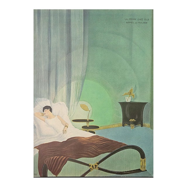 1934 French Art Deco Lithograph-Women at Home-Bedroom For Sale