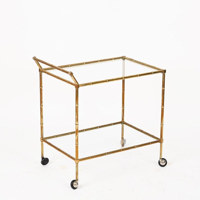 Metal Faux Bamboo Brass and Crystal Serving Bar Cart from Maison Jansen, 1970s For Sale - Image 7 of 11