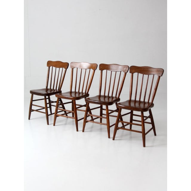 Antique Plank Seat Farmhouse Windsor Dining Chairs Set of 4 For Sale - Image 11 of 17