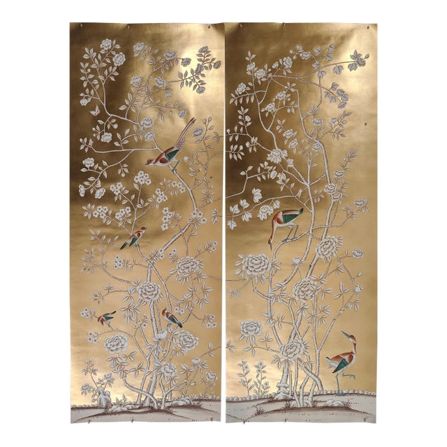 Gold Leaf Chinoiserie Hand-Painted Bird & Blossom Wall Panels (Set of 2) For Sale