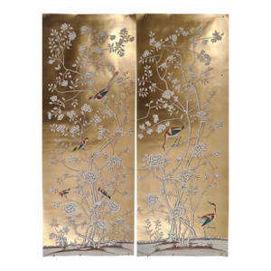 Gold Leaf Chinoiserie Hand-Painted Bird & Blossom Wall Panels (Set of 2)