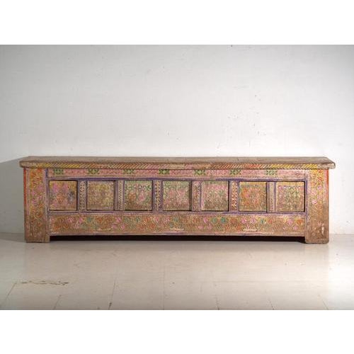Early 20th Century Low Antique Polychrome Carved Pine Sideboard, Xinjiang, China, 1900 For Sale - Image 5 of 14