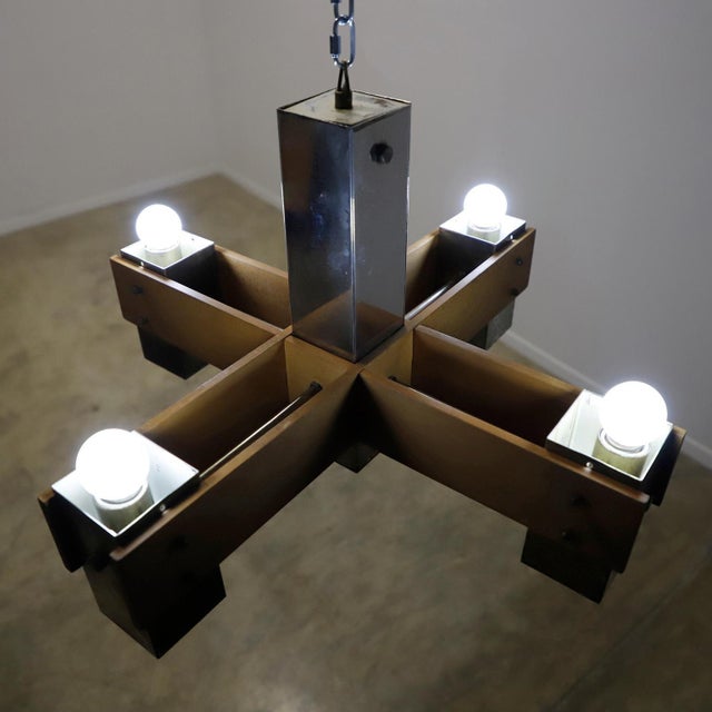 Pair of Mid Century Modern Wood & Chrome Hanging Chandeliers For Sale - Image 12 of 18