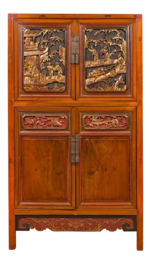 Chinese Ming Dynasty Style Cabinet with Gilt Carved Court and Work Scenes