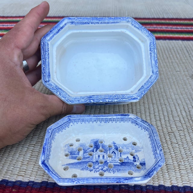 Ceramic A Rare Antique Ironstone Blue Transfer Decorated Covered Soap Dish With Insert, Circa 1850’s For Sale - Image 7 of 12