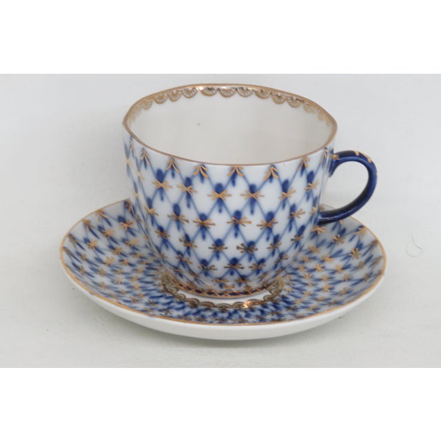 Lomonosov Demitasse Cobalt Net Blue Bone China Tea Cup and Saucer Set 4652b For Sale - Image 13 of 14