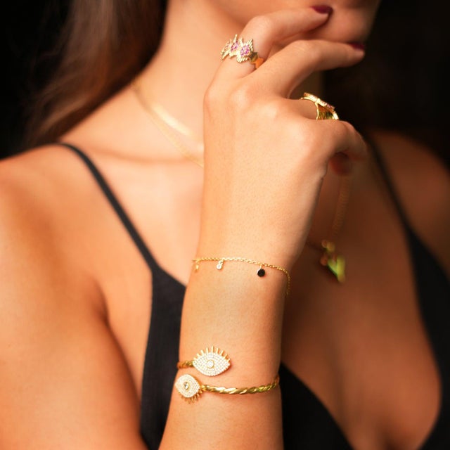 Diamond & Gold Guardian Evil Eye Cuff Bracelet For Sale In Miami - Image 6 of 7