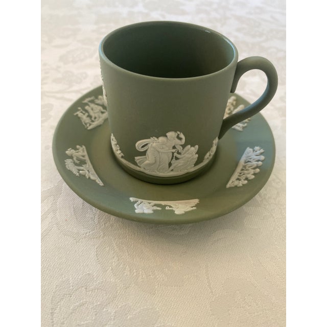 Olive Mid 20th Century Wedgwood Sage Jasper-Ware Demitasse/Espresso Cup and Saucer Mint Condition For Sale - Image 8 of 12
