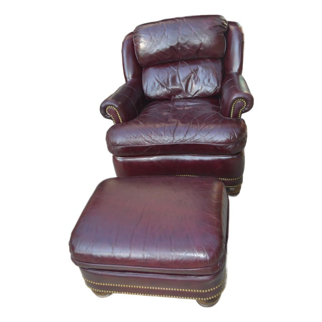 Hancock & Moore Burgundy / Wine Leather Club Arm Chair & Ottoman With Nailhead Trim For Sale