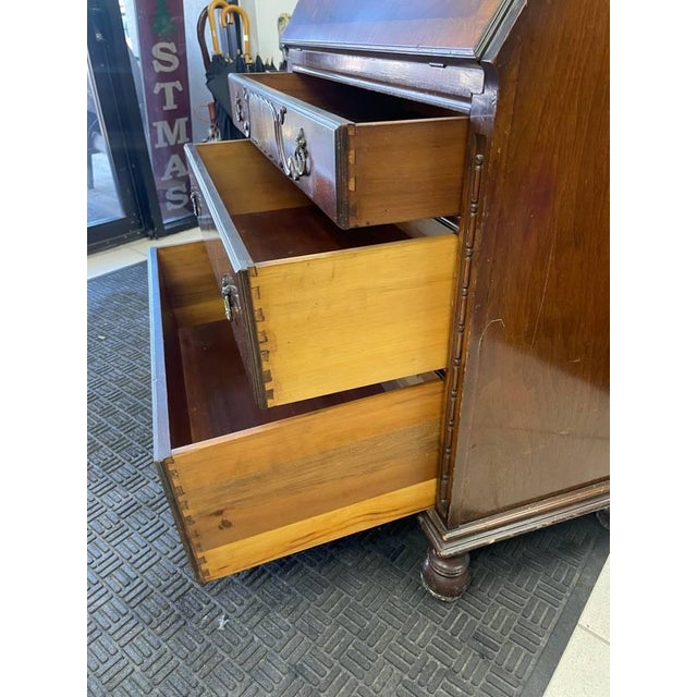 Antique Secretary Desk, Brass Backed Screen Glass Door, Burl Wood Inlay, Two Shelves For Sale - Image 9 of 12