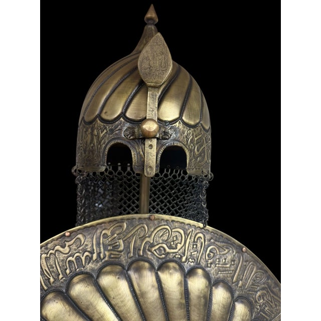 Hand Forged Calligraphy Brass Helmet Shield Display Set For Sale - Image 10 of 12