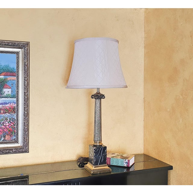 Mid-Century Modern Marble and Brass Corinthian Column Table Lamp With Shade For Sale - Image 11 of 12