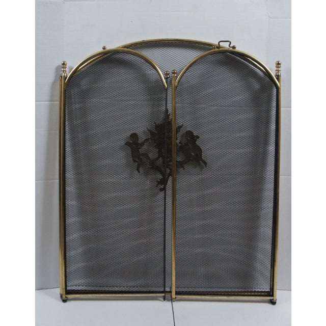 Antique Brass & Mesh 3-Panel Cherub Folding Fireplace Screen Hearthware For Sale - Image 10 of 12