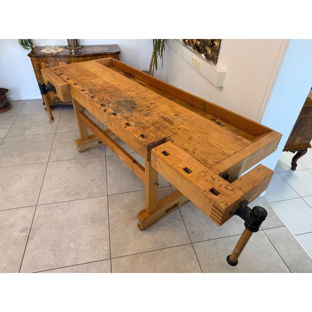 Fully functional antique workbench, dining table, desk, German spindle. Dimensions: Height x Width x Depth 91 x 216 x 83...