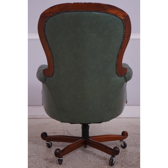 Carved Mahogany Frame Green Leather Office Desk Chair For Sale - Image 4 of 18