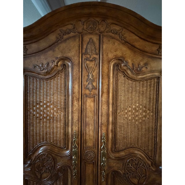 Maitland - Smith Maitland-Smith Carved Walnut and Rattan Dry Bar Armoire Cabinet For Sale - Image 4 of 17