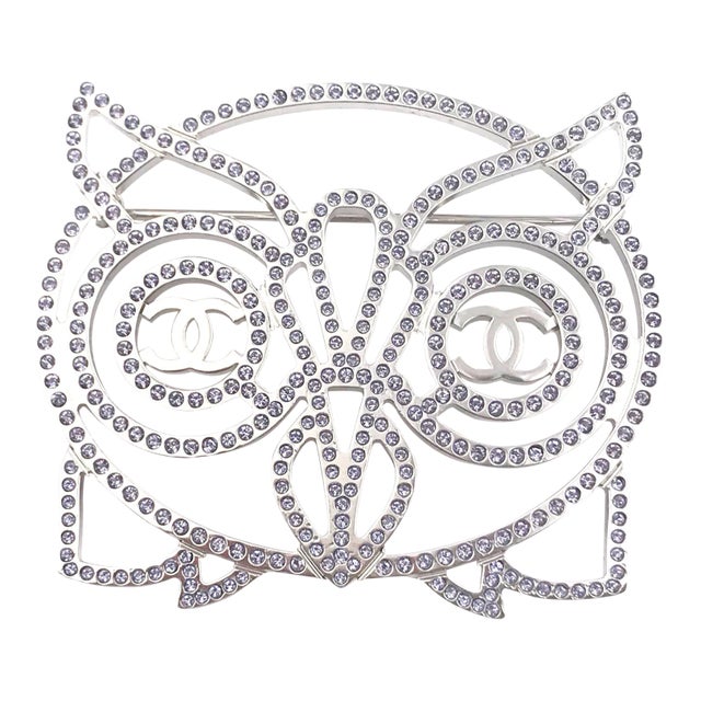 Chanel Brand New Silver Owl Light Lavender Crystal Brooch For Sale