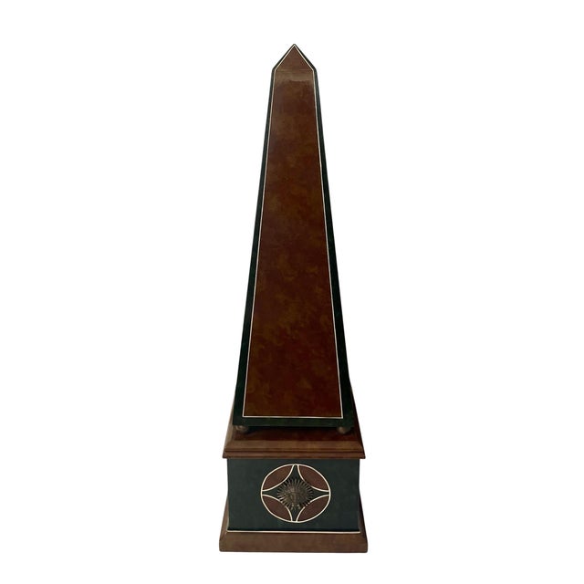 Maitland - Smith VTG Maitland-Smith Leather Obelisk Brass Sun Medallions Neoclassical 27x7” For Sale - Image 4 of 11