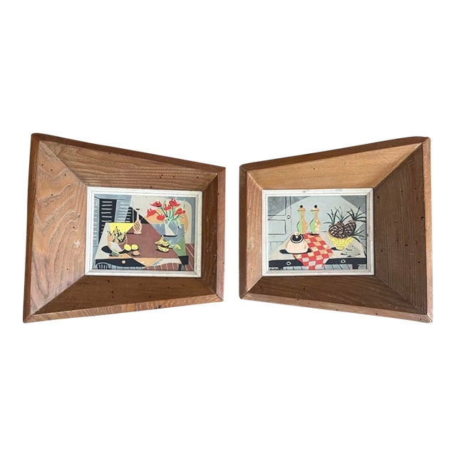 Vintage Mid Century Modern 1950s Paintings Forced W/ Perspective in Wood Frames, Signed - Set of 2 For Sale