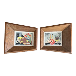 Vintage Mid Century Modern 1950s Paintings Forced W/ Perspective in Wood Frames, Signed - Set of 2