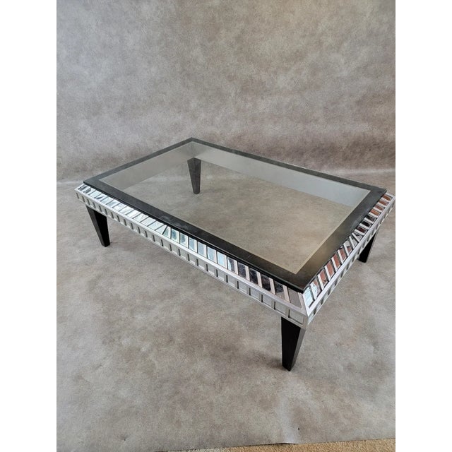 Late 20th Century Vintage Modern Ebonized Wood and Silver With Mirrored Trim Glass Top Coffee Table For Sale - Image 5 of 7