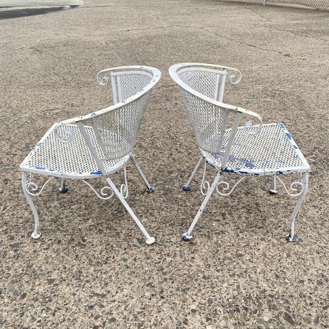 White Vintage Wrought Iron Woodard Salterini Style Mid Century Patio Arm Chairs - Pair For Sale - Image 8 of 10