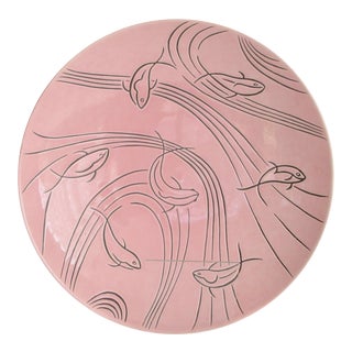 Roselane Pottery of Pasadena Pink Salad Bowl with Incised Modernist Fish Design For Sale