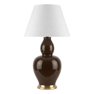 Matthew Izzo Home Iris Gourde Shaped Chocolate Brown Ceramic Table Lamp With Linen Drum Shade For Sale