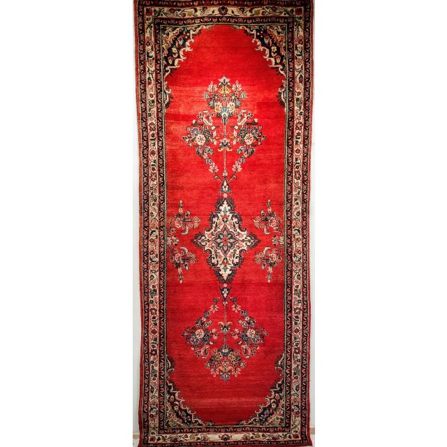 Vintage Persian Hamadan Wide Runner, Hand-Knotted Wool, Open Field Geometric Pattern, Red & Ivory. 4x10 For Sale - Image 11 of 18